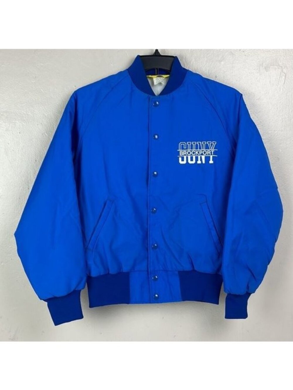 Vtg Suny Brockport NY College Blue Quilted Jacket Velva Sheen USA Men's Small